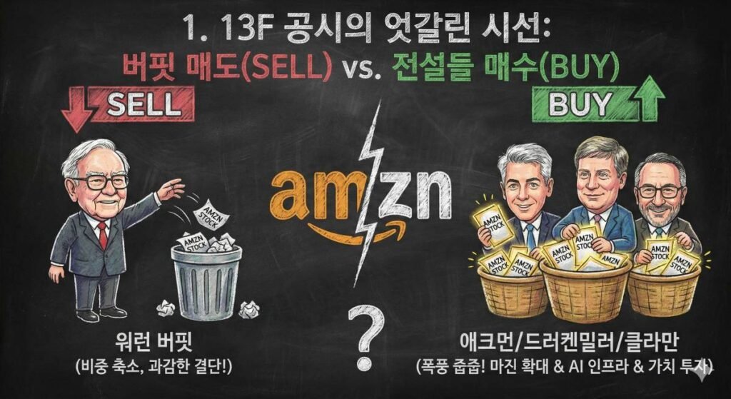 13F 공시 분석 칠판 인포그래픽: 워런 버핏의 아마존(AMZN) 주식 매도(Sell)와 빌 애크먼, 스탠리 드러켄밀러, 세스 클라만 등 월가 전설들의 폭풍 매수(Buy) 대조. Chalkboard infographic illustrating the contrasting views in 13F filings: Warren Buffett selling Amazon (AMZN) stock versus Wall Street legends like Bill Ackman, Stanley Druckenmiller, and Seth Klarman aggressively buying. Value Investing, Tech Stocks.