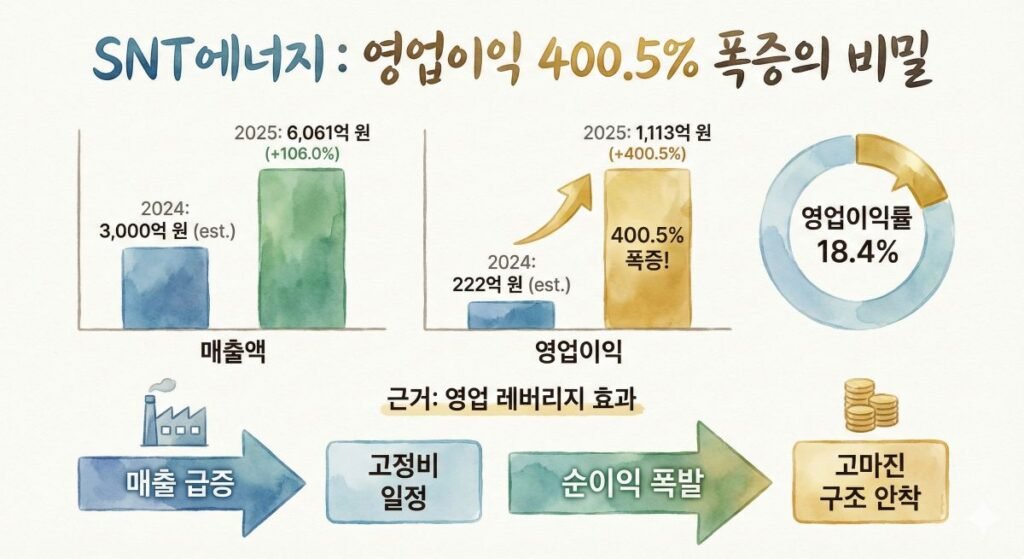 SNT에너지 2025년 실적 분석 인포그래픽: 매출액 106% 증가 및 영업이익 400.5% 폭증, 영업이익률 18.4% 달성을 보여주는 수채화풍 데이터 차트
