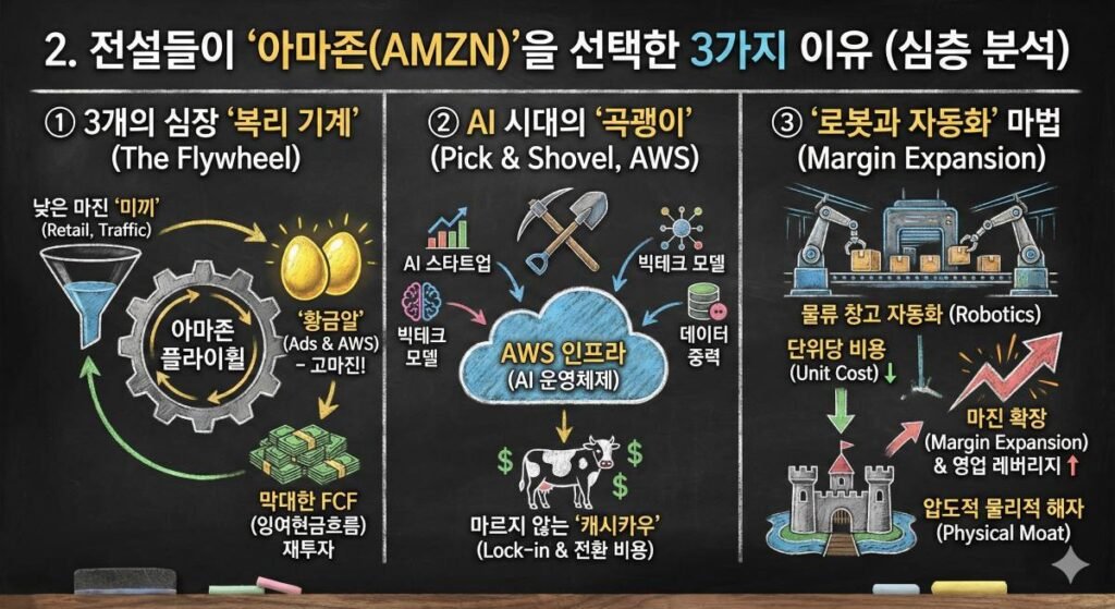 전설적인 투자자들이 아마존(AMZN)을 선택한 3가지 심층 이유를 분석한 칠판 인포그래픽. 1. 3개의 심장 복리 기계 (The Flywheel compounding machine: Retail traffic, Ads & AWS, Free Cash Flow). 2. AI 시대의 곡괭이 (Pick and Shovel for AI era: AWS Cloud infrastructure, Lock-in effect, Cash Cow). 3. 로봇과 자동화 마법 (Robotics & Automation: Lower Unit Cost, Margin Expansion, Operating Leverage, Physical Moat). 아마존 주가 전망 및 가치투자 분석 (Amazon Stock Analysis and Value Investing).