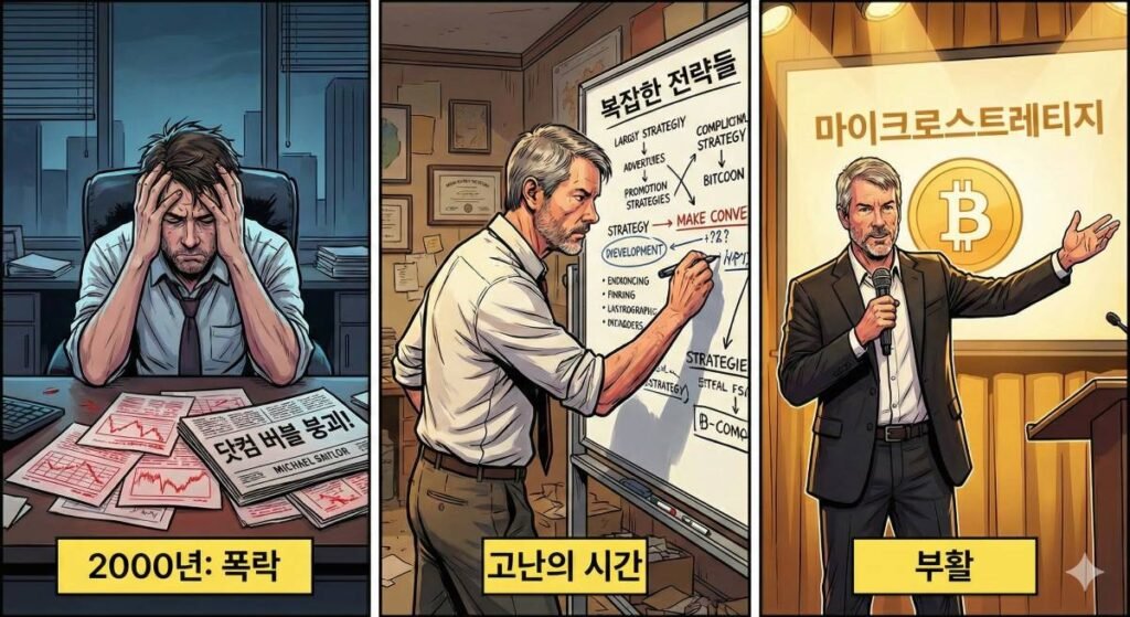 마이클 세일러의 3단계 성공 서사 일러스트: 2000년 닷컴 버블 폭락과 좌절, 고난의 시간을 견딘 비즈니스 인텔리전스 사업 내실 경영, 비트코인 매집을 통한 마이크로스트레티지의 화려한 부활과 재탄생 과정