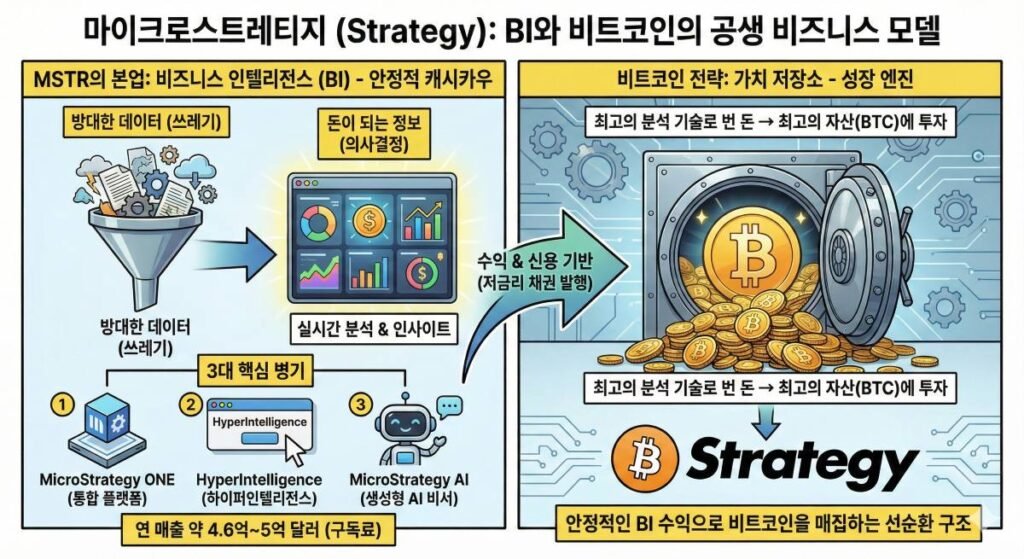 마이크로스트레티지(Strategy) 비즈니스 모델 인포그래픽: 방대한 데이터를 인사이트로 바꾸는 BI 사업의 3대 병기(ONE, 하이퍼인텔리전스, AI)와 여기서 발생한 수익으로 비트코인을 매집하는 재무 레버리지 선순환 구조 일러스트
