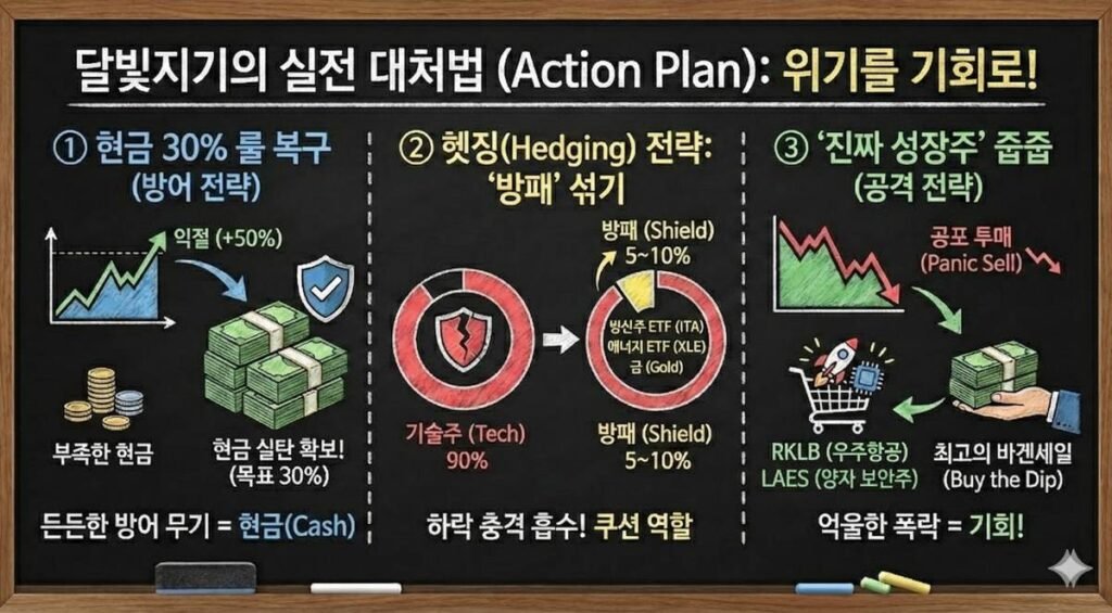 Chalkboard infographic outlining a 3-step investment action plan during a geopolitical crisis. Panel 1: Defensive strategy securing a 30% cash reserve by taking profits. Panel 2: Hedging strategy adding 5-10% in Defense (ITA), Energy (XLE) ETFs, and Gold to a portfolio to cushion the drop. Panel 3: Offensive strategy to 'Buy the Dip' on oversold true growth stocks like RKLB (Aerospace) and LAES (Quantum Security) during a panic sell-off. (전쟁 위기 실전 투자 대처법: 현금 비중 30% 방어 전략, 방산주/에너지/금 헷징 전략, 공포 투매 장세에서 RKLB(우주항공), LAES(양자 보안주) 등 우량 성장주 저가 매수 기회)