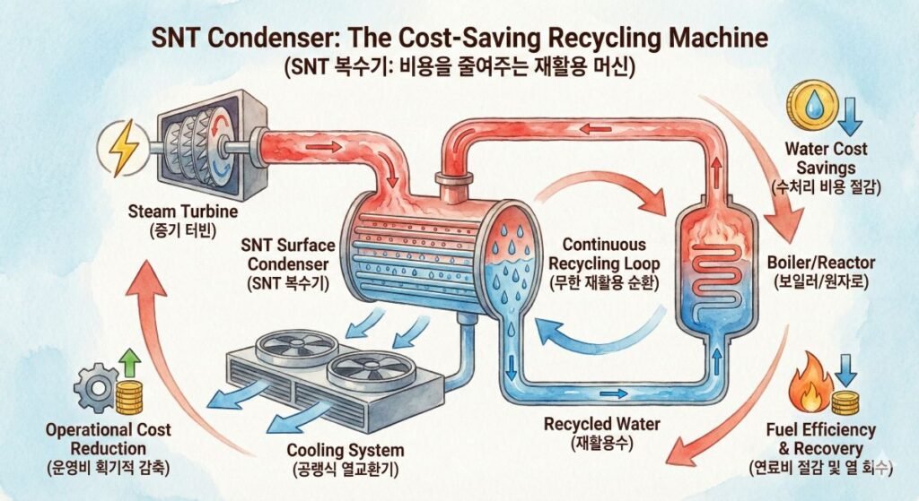 SNT에너지의 복수기(Condenser) 재활용 시스템 인포그래픽: 증기 터빈에서 나온 증기가 복수기를 통해 물로 재활용되어 보일러로 순환하는 과정과 수처리 비용 절감, 연료 효율 향상 효과를 보여주는 수채화풍 도표