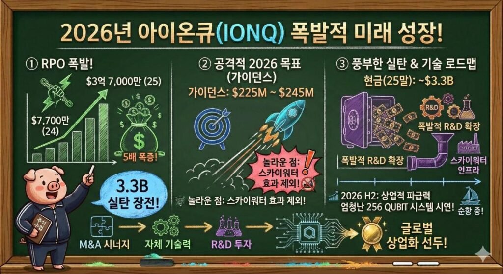 아이온큐(IONQ) 2026년 폭발적 미래 성장 및 향후 가이던스를 컬러 분필로 설명한 칠판 인포그래픽. 수주 잔고(RPO) 5배 폭증, 2억 2,500만 달러 이상의 공격적 매출 목표, 33억 달러 현금 실탄 및 256 큐비트 시스템 로드맵이 도식화되어 있습니다. 주식 수첩을 들고 남색 트레이닝복을 입은 돼지 아빠 캐릭터가 칠판을 가리키며 핵심을 짚어주는 모습.