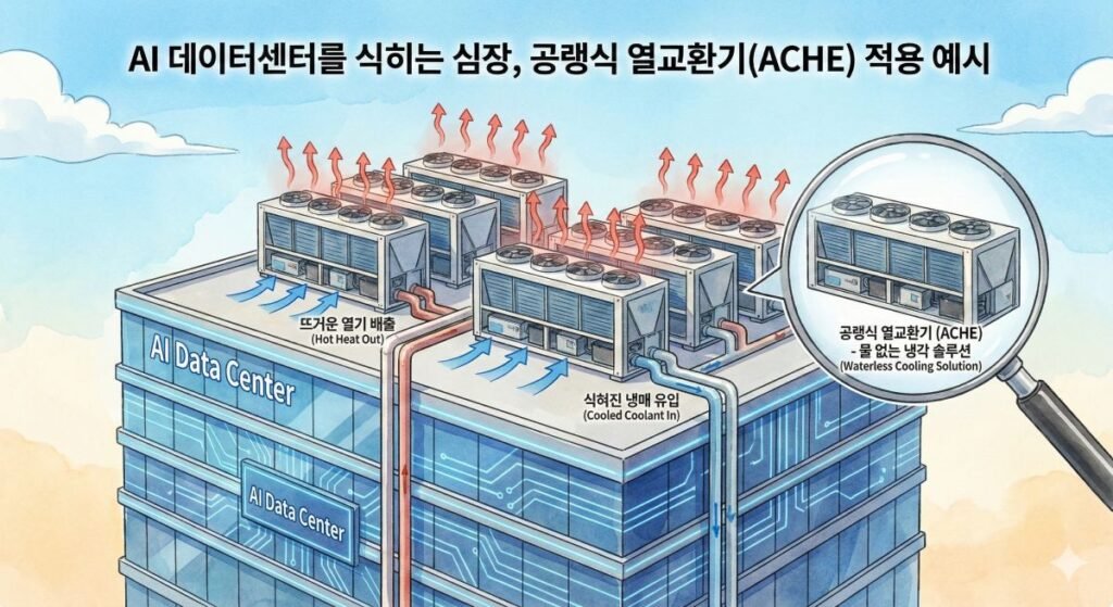 AI 데이터센터 옥상에 설치된 공랭식 열교환기(ACHE)의 작동 원리를 보여주는 수채화풍 인포그래픽. 파란색 화살표로 표현된 냉기 유입과 빨간색 화살표의 열기 배출, 그리고 '물 없는 냉각 솔루션'이라는 텍스트가 포함된 돋보기 강조 이미지