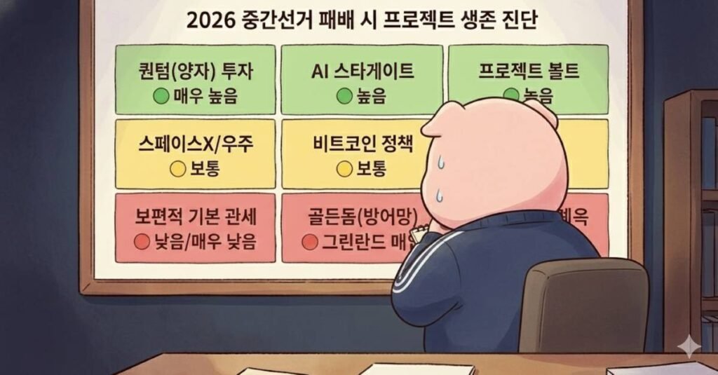파스텔 톤 수채화 스타일의 '돼지 아빠' 수인 캐릭터가 '2026 중간선거 패배 시 프로젝트 생존 진단' 분석표를 보며 고민에 빠진 모습. 분석표에는 퀀텀 투자, AI 스타게이트, 프로젝트 볼트 등이 생존 확률별로 초록, 노랑, 빨강 섹션으로 구분되어 있으며 돼지 아빠는 주식 수첩을 들고 땀을 흘리고 있음.
