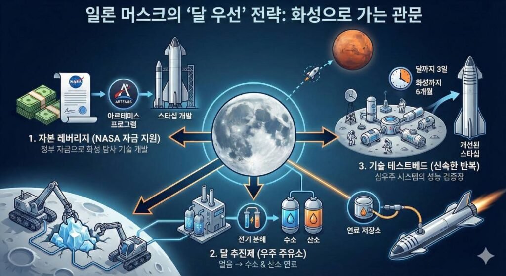 일론 머스크 스페이스X 달 우선 전략 인포그래픽: NASA 아르테미스 자금 지원 자본 레버리지, 달 얼음 활용 우주 주유소 추진제 생산, 화성 탐사 전초기지 및 기술 테스트베드 반복 검증 전략
