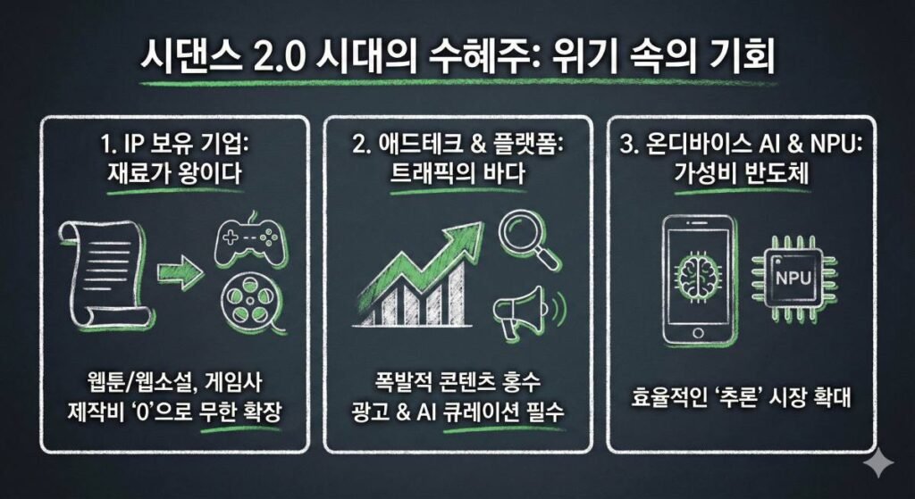 어두운 칠판 배경에 흰색과 녹색 분필로 그려진 스타일의 인포그래픽으로, '시댄스 2.0 시대의 수혜주: 위기 속의 기회'라는 제목 아래 세 가지 주요 기회 요인을 설명하고 있다. 첫 번째 섹션은 '1. IP 보유 기업: 재료가 왕이다'를 주제로, 웹툰/소설 스크롤과 게임 컨트롤러가 필름 릴로 변하는 아이콘과 함께 '웹툰/웹소설, 게임사', '제작비 \'0\'으로 무한 확장'이라는 내용이 있다. 두 번째 섹션은 '2. 애드테크 & 플랫폼: 트래픽의 바다'를 주제로, 상승하는 그래프와 돋보기, 확성기 아이콘과 함께 '폭발적 콘텐츠 홍수', '광고 & AI 큐레이션 필수'라는 내용이 있다. 세 번째 섹션은 '3. 온디바이스 AI & NPU: 가성비 반도체'를 주제로, 뇌 모양 칩이 들어간 스마트폰과 NPU 칩 아이콘과 함께 '효율적인 \'추론\' 시장 확대'라는 내용이 있다. 각 섹션의 아이콘과 테두리는 녹색 분필로 강조되어 긍정적인 전망을 나타낸다.