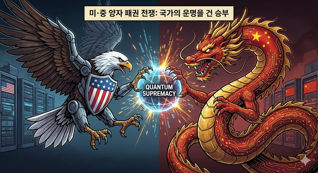 미 국방부가 찜했다! 2026년 10배 성장 노리는 '양자 보안' 대장주 SEALSQ(LAES) 미국 독수리와 중국 용이 양자 패권을 두고 대치하는 전략적 일러스트