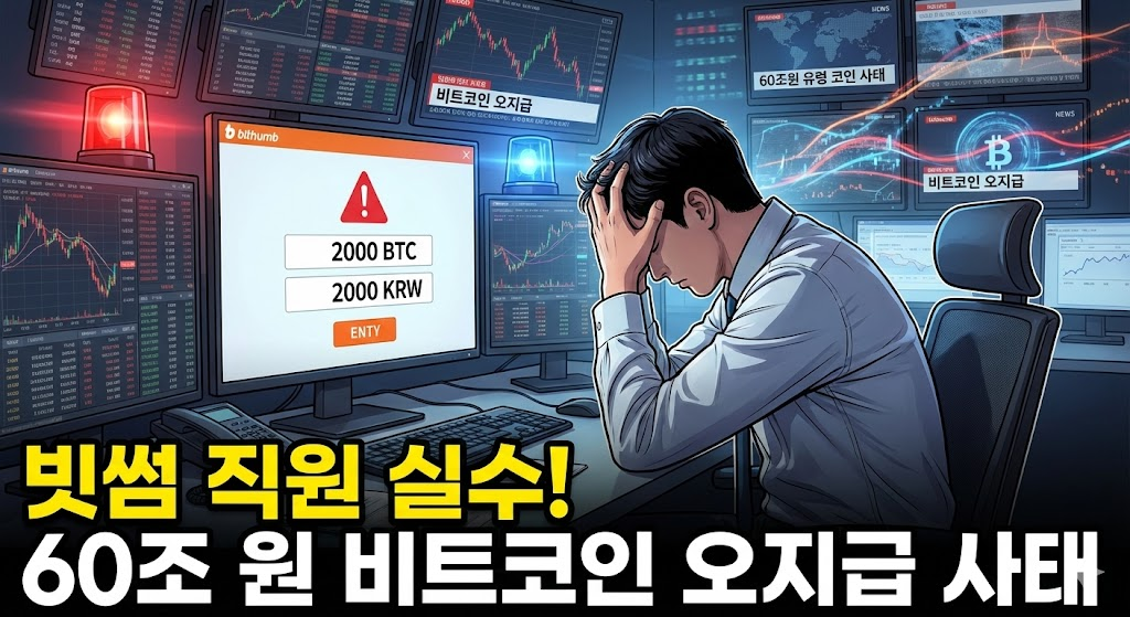 2,000원 대신 2,000비트코인을 오지급한 빗썸 직원의 실수와 60조 원 규모의 유령 코인 사태를 상징하는 일러스트