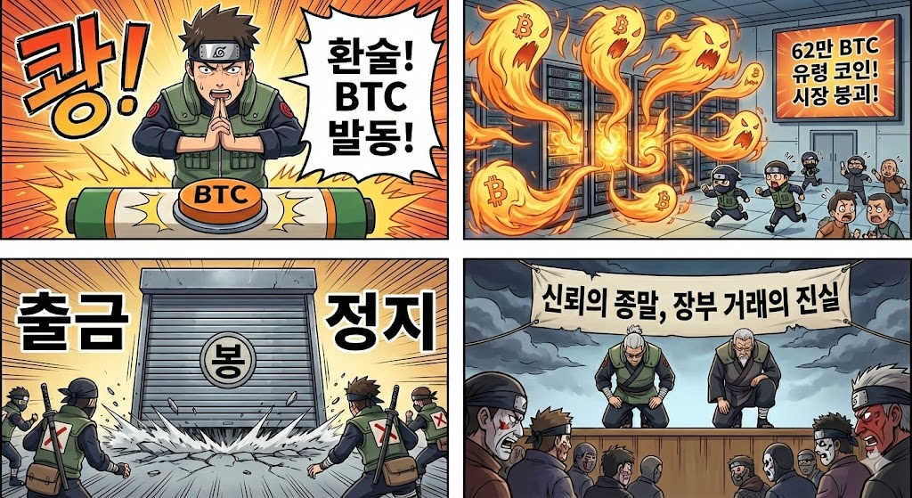 나루토 풍의 4컷 웹툰으로 풍자한 빗썸 60조 원 비트코인 오지급 사태. 환술로 비유된 유령 코인 발생과 출금 정지, 장부 거래의 진실을 보여주는 만화