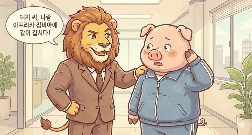 깔끔한 사무실 복도 배경. 갈색 정장을 입은 위엄 있는 사자 부장이 남색 트레이닝복 차림의 돼지 아빠 어깨에 손을 올리며 미소 짓는 모습. 사자 부장의 말풍선에는