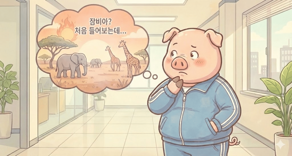사무실에서 턱을 괴고 고민에 빠진 돼지 아빠. 머리 위 생각 주머니에는 기린과 코끼리가 노니는 아프리카 초원 풍경이 그려져 있으며,