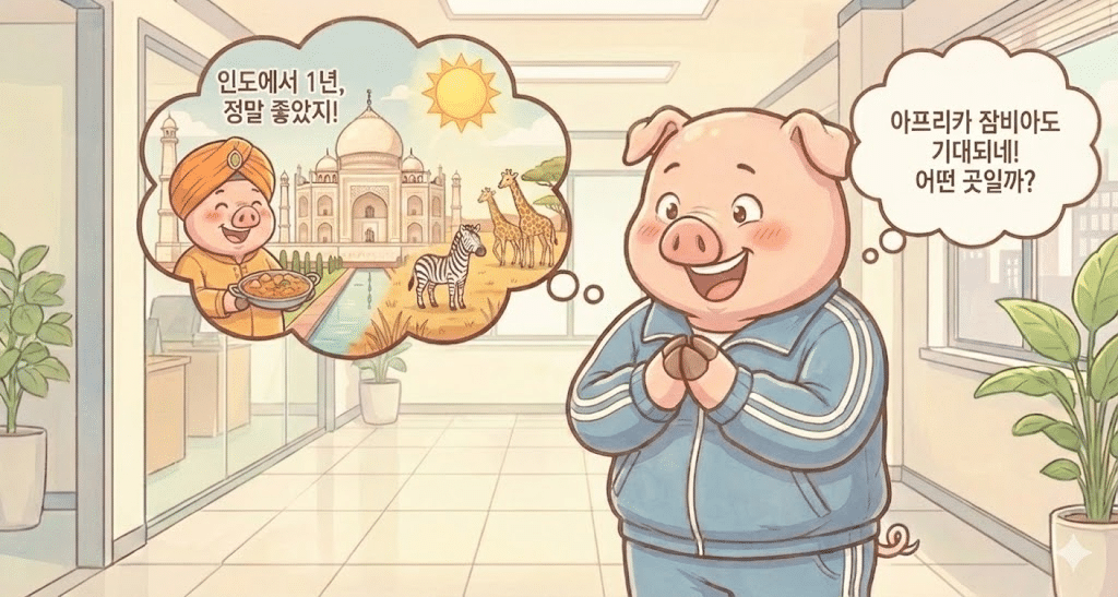 모든 것의 시작-1 두 손을 모으고 눈을 반짝이며 기대에 찬 돼지 아빠. 생각 주머니가 반으로 나뉘어, 왼쪽에는 인도 타지마할 배경에서 카레를 든 돼지 아빠와