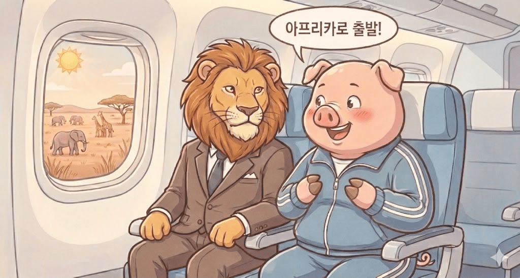 비행기 내부 좌석에 나란히 앉은 사자 부장과 돼지 아빠. 사자 부장은 정장을 입고 위엄 있는 표정으로 정면을 응시하고 있으며, 돼지 아빠는 창밖의 아프리카 사바나 풍경을 보며 밝게 웃고 있음. 돼지 아빠의 말풍선에는