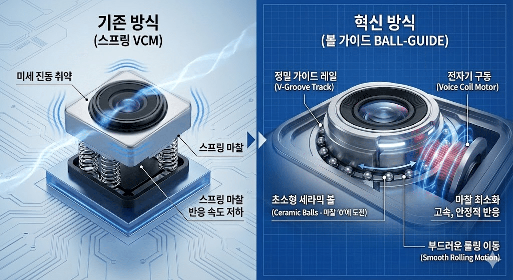 카메라 렌즈 구동 방식 비교 이미지. 왼쪽은 미세 진동에 취약하고 마찰로 인해 속도가 저하되는 기존 스프링 VCM 방식을 보여줌. 오른쪽은 초소형 세라믹 볼과 정밀 가이드 레일을 통해 마찰을 최소화하고 고속·안정적 반응을 구현한 혁신적인 볼 가이드 방식을 상세히 설명함.