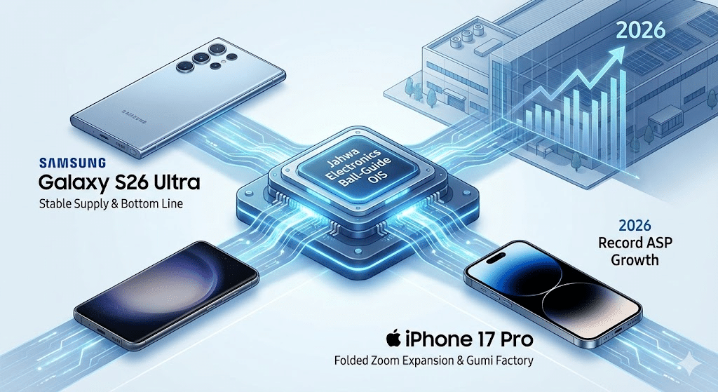 중앙의 자화전자 볼 가이드 OIS 부품을 중심으로 삼성 갤럭시 S26 울트라와 애플 아이폰 17 프로가 연결된 비즈니스 구조도입니다. 배경의 구미 공장과 함께 2026년 역대 최고 매출(ASP) 성장을 기록하는 우상향 그래프가 포함되어 자화전자의 독보적인 공급망 위치를 시각화하고 있습니다.