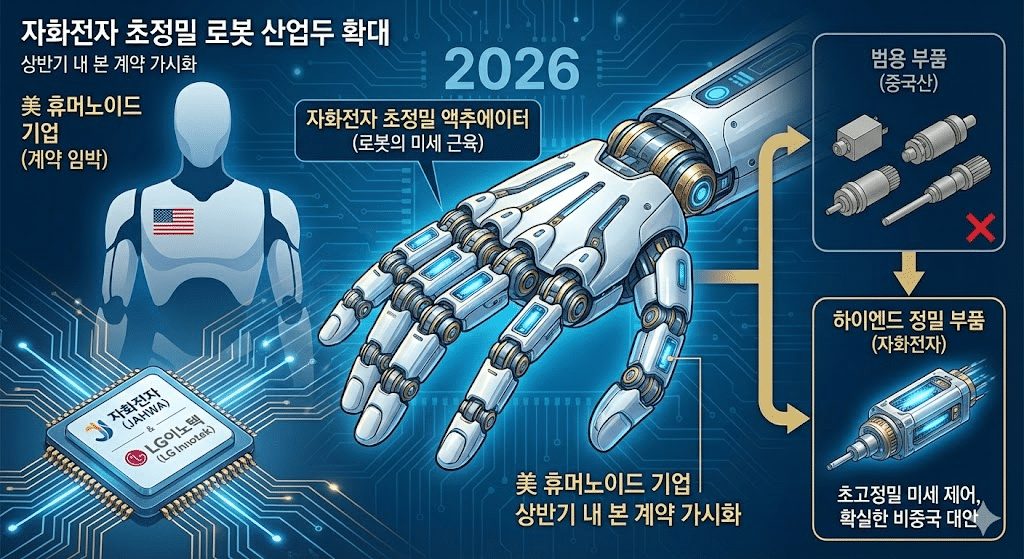 자화전자의 로봇 산업 확대를 보여주는 인포그래픽입니다. 중앙의 정밀한 로봇 손은 자화전자의 초정밀 액추에이터로 구동되며 '미국 휴머노이드 기업 계약 임박' 문구와 연결됩니다. 왼쪽 하단에는 LG이노텍과의 파트너십을 상징하는 칩셋이, 오른쪽에는 중국산 범용 부품과 대비되는 자화전자의 '하이엔드 정밀 부품(확실한 비중국 대안)' 경쟁력을 비교하는 도표가 있습니다.