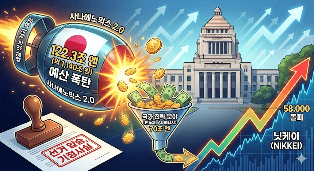 사나에노믹스 2.0 및 일본의 122.3조 엔 예산 투입과 닛케이 지수 상승을 시각화한 인포그래픽 이미지. 중앙에는 일장기가 그려진 대형 '예산 폭탄'이 '국가 전략 분야(반도체, AI, 에너지) 70조 엔' 깔때기로 자금을 쏟아붓고 있으며, 배경에는 일본 국회의사당이 보입니다. 우측에는 닛케이 지수가 58,000을 돌파하며 급상승하는 그래프가 그려져 있고, 좌측 하단에는 '선거 압승 기정사실'이라는 도장이 찍힌 문서가 배치되어 있습니다.