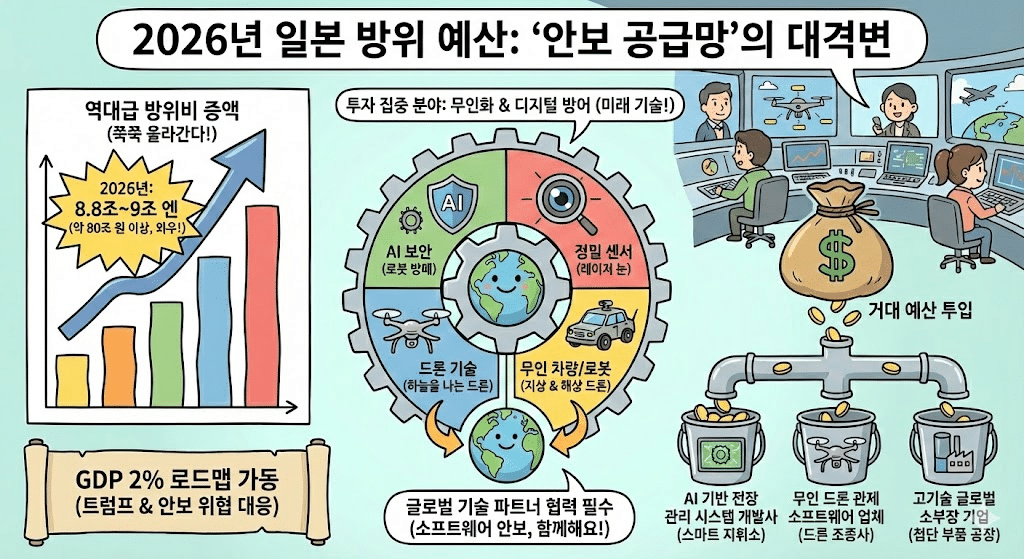 2026년 일본 방위 예산과 안보 공급망의 대격변을 설명하는 만화 스타일의 인포그래픽 이미지. 왼쪽에는 8.8조~9조 엔에 달하는 역대급 방위비 증액을 나타내는 막대그래프와 GDP 2% 로드맵 가동 설명이 있습니다. 중앙의 톱니바퀴 기어에는 AI 보안, 정밀 센서(LiDAR), 드론 기술, 무인 차량 및 로봇 등 투자 집중 분야가 그려져 있으며, 오른쪽에는 거대한 예산이 AI 기반 전장 관리 시스템, 무인 드론 관제 소프트웨어, 고기술 글로벌 소부장 기업이라는 세 개의 바구니로 흘러 들어가는 과정을 시각적으로 표현하고 있습니다.