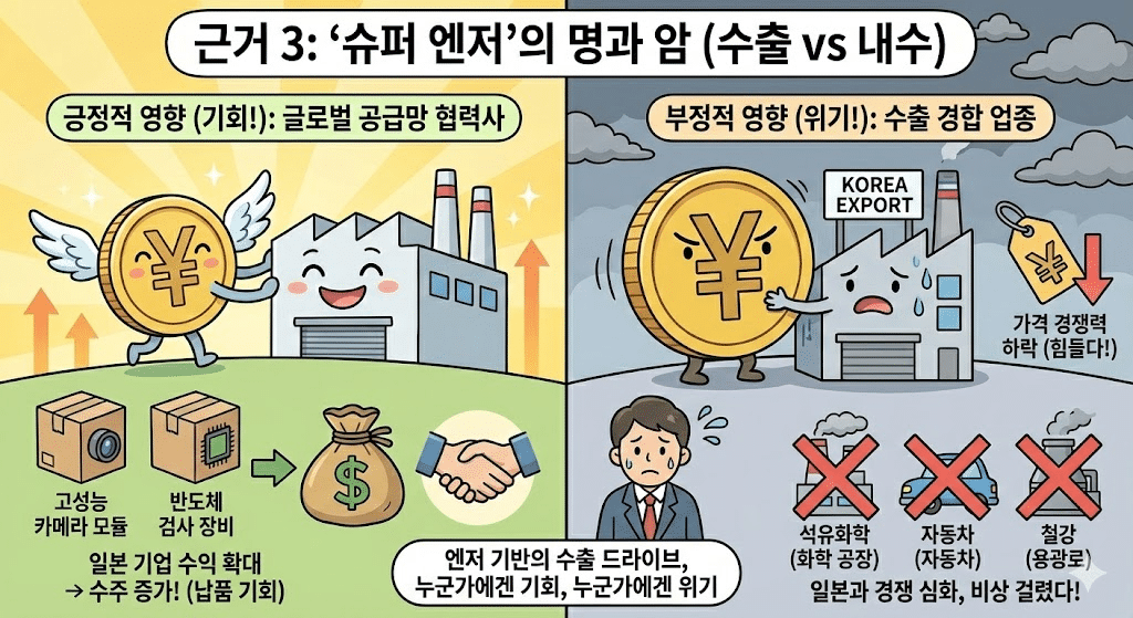 슈퍼 엔저'가 한국 및 글로벌 경제에 미치는 긍정적·부정적 영향을 대비하여 보여주는 만화 스타일의 인포그래픽 이미지. 화면이 좌우로 나뉘어 있으며, 왼쪽의 '긍정적 영향' 섹션에서는 날개 달린 엔화 동전이 공장과 즐겁게 악수하는 모습과 함께 고성능 카메라 모듈, 반도체 검사 장비 등 일본 기업에 부품을 공급하는 협력사들의 수주 증가 기회를 묘사합니다. 오른쪽의 '부정적 영향' 섹션에서는 화난 표정의 엔화 동전이 'KOREA EXPORT'라고 적힌 공장을 밀어내는 모습과 함께, 일본과 수출 경합도가 높은 석유화학, 자동차, 철강 업종이 가격 경쟁력 하락으로 위기를 겪는 상황을 시각적으로 표현하고 있습니다.