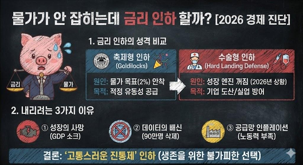 2026년 경제 진단 인포그래픽: 물가 불안 속 금리 인하 배경과 '수술형 인하'의 3가지 이유 설명