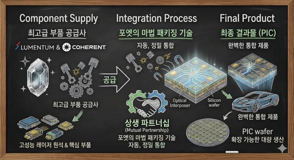 루멘텀(Lumentum)과 코히어런트(Coherent)가 최고급 레이저 부품(엔진)을 공급하면, 포엣(POET)이 옵티컬 인터포저 기술로 완벽하게 조립하여 최종 광집적회로(PIC)를 대량 생산하는 상생 파트너십 구조를 쉽게 설명한 칠판 일러스트.