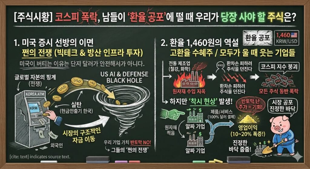 칠판에 분필로 칠한 듯한 느낌으로 작성된 대형 주식 시황 분석 보드 이미지. '1. 미국 증시 선방의 이면'과 '2. 환율 1,460원의 역설'이라는 두 개의 명확한 열로 구성되어 있으며, '코스피 폭락'과 '환율 공포'를 기회로 바꾸는 '역발상 투자'를 시각화했다. 왼쪽 열은 '미국의 AI와 방위산업' 블랙홀로 글로벌 자본이 빨려 들어가고, 'KOREA ATM'에서 실탄을 빼가는 모습을 설명하며, '우리 기업 가치 반토막 NO!'라는 메시지가 포함되어 있다. 오른쪽 열은 원자재 수입 지옥인 전통 제조업과 대조되는, 원자재 적고 제품/서비스를 '100% 달러 결제' 받아 '영업이익 (10~20% 폭증!)' 하는 '고환율 수혜주 / 모두가 울 때 웃는 알짜 기업'의 모습을 담았다. red hand와 green hand가 지수 폭락에 억울하게 휩쓸린 '진정한 바닥'에서 알짜 기업을 줍줍하는 모습을 그렸다.