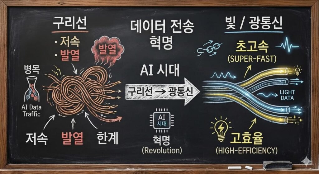 칠판 배경에 분필 그림으로 표현한 AI 시대 데이터 전송 혁명 개념도. 왼쪽에는 저속, 발열, 병목 현상을 일으키는 구리선을 엉킨 선으로 묘사했고, 오른쪽에는 초고속과 고효율을 자랑하는 광통신 기술을 매끄럽고 밝은 빛줄기로 시각화하여 두 기술의 차이를 비교 설명한 이미지.
